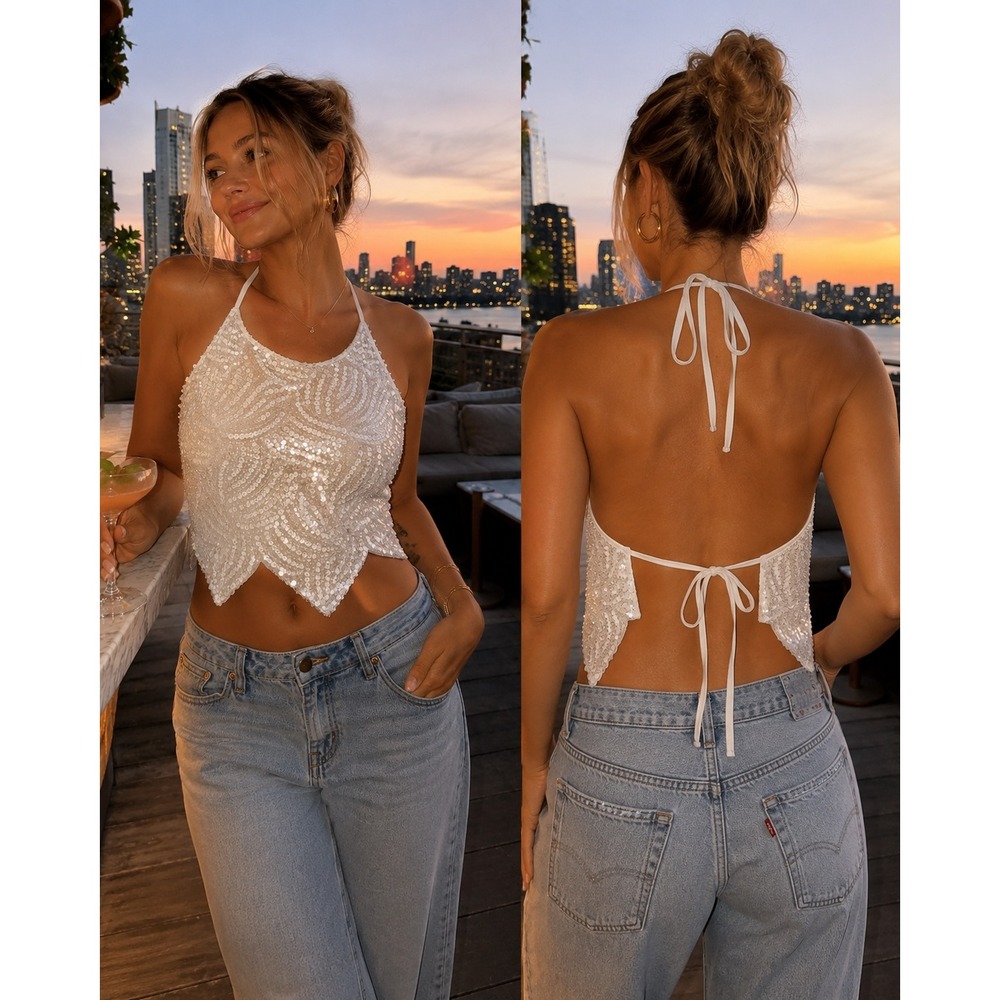 White Sequin Halter Crop Top Scalloped Hem Stretch Party Large  Open Back